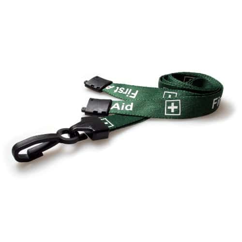 Pre-Printed FIRST AID Lanyard with Plastic J Clip & Safety Breakaway green